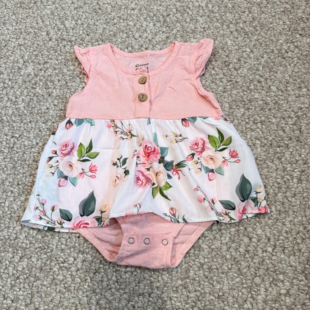 Patpat Baby Girl Pink Floral Dress Romper Flutter Sleeve Size 9-12 Months